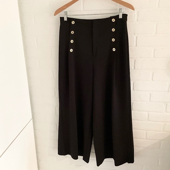 H by Halston Dress Pants Crop wide leg Black High rise Gold buttons Military XS - Picture 3 of 12